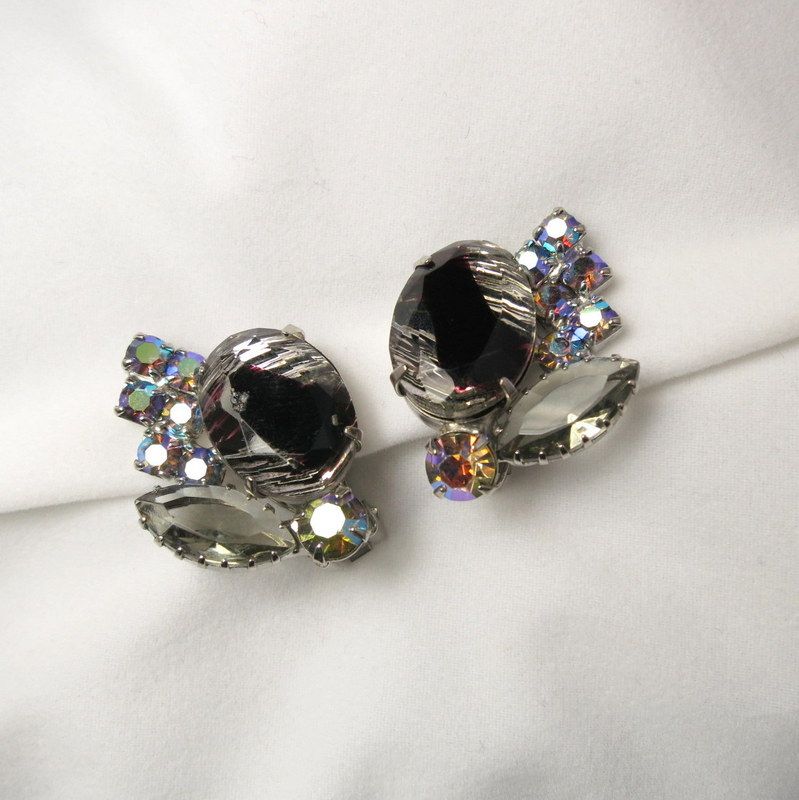 Vintage Smoky Rhinestone AB Marquise Art Glass Grand Parure Vintage Smoky Rhinestone AB Marquise Art Glass Grand Parure
