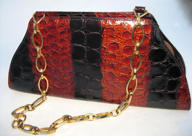 Melian Demi Croc Purse Deep Amber/Black w/ Chain Link Handle - Made in Spain Melian Demi Croc Purse Deep Amber/Black w/ Chain Link Handle - Made in Spain