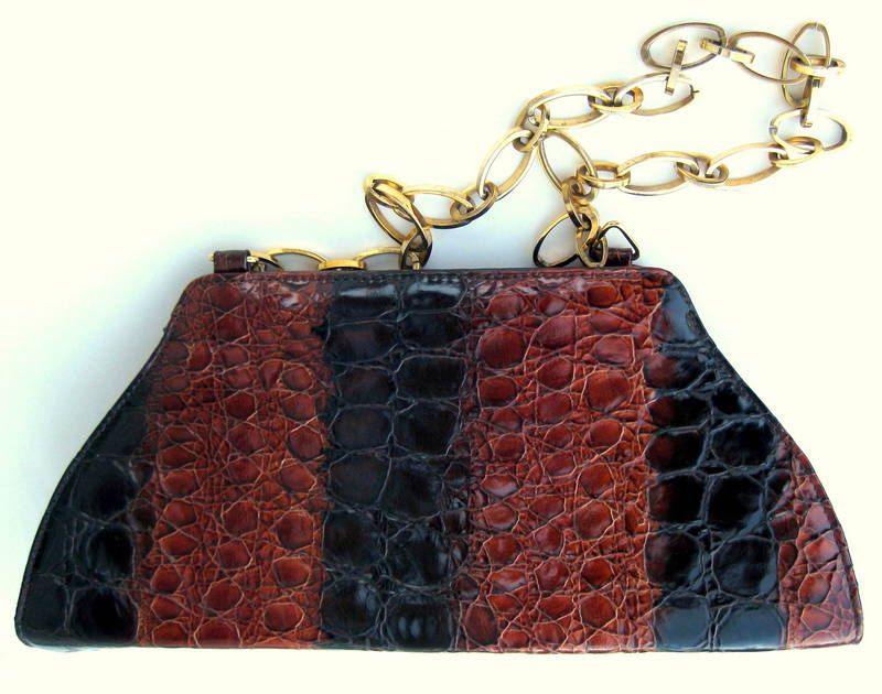 Melian Demi Croc Purse Deep Amber/Black w/ Chain Link Handle - Made in Spain Melian Demi Croc Purse Deep Amber/Black w/ Chain Link Handle - Made in Spain