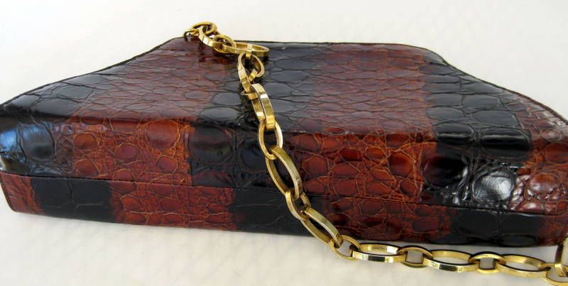 Melian Demi Croc Purse Deep Amber/Black w/ Chain Link Handle - Made in Spain Melian Demi Croc Purse Deep Amber/Black w/ Chain Link Handle - Made in Spain
