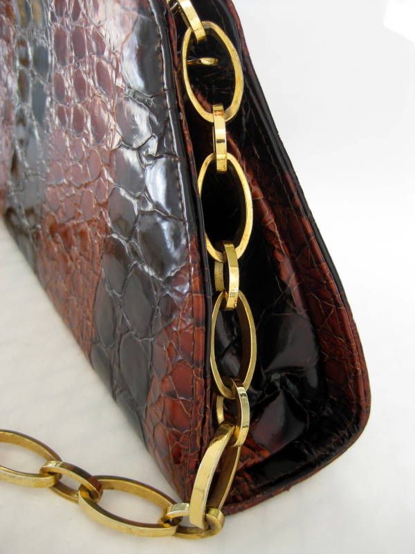 Melian Demi Croc Purse Deep Amber/Black w/ Chain Link Handle - Made in Spain Melian Demi Croc Purse Deep Amber/Black w/ Chain Link Handle - Made in Spain
