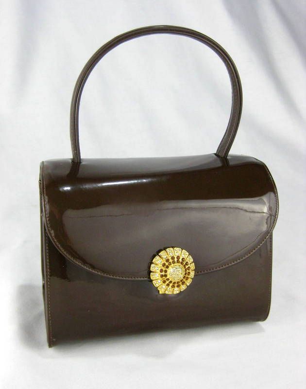Vintage Chocolate Brown Faux Patent Rhinestone Hard Case Evening Purse Vintage Chocolate Brown Faux Patent Rhinestone Hard Case Evening Purse