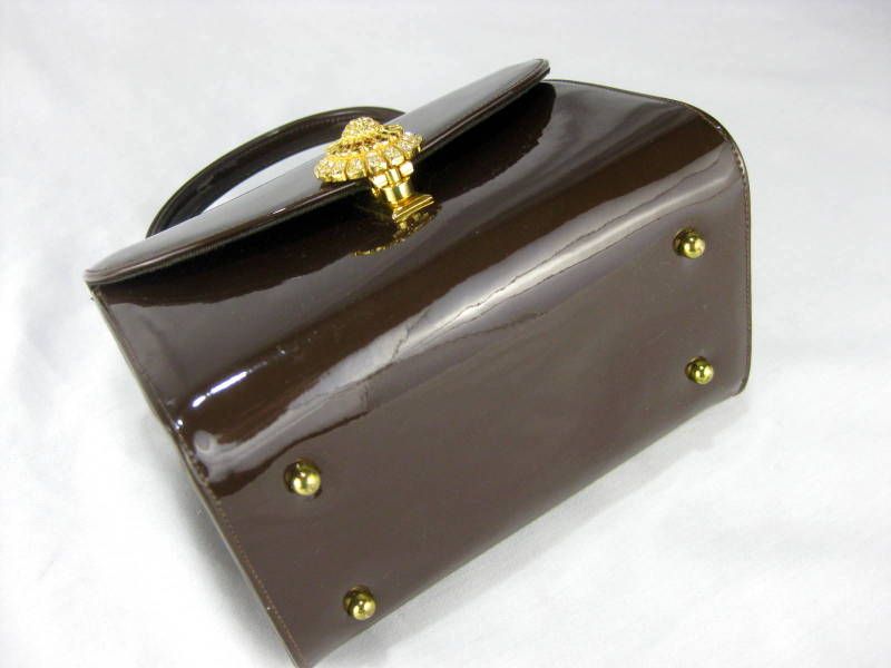 Vintage Chocolate Brown Faux Patent Rhinestone Hard Case Evening Purse Vintage Chocolate Brown Faux Patent Rhinestone Hard Case Evening Purse