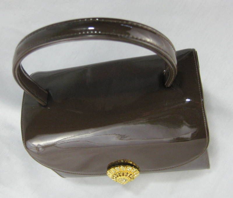 Vintage Chocolate Brown Faux Patent Rhinestone Hard Case Evening Purse Vintage Chocolate Brown Faux Patent Rhinestone Hard Case Evening Purse