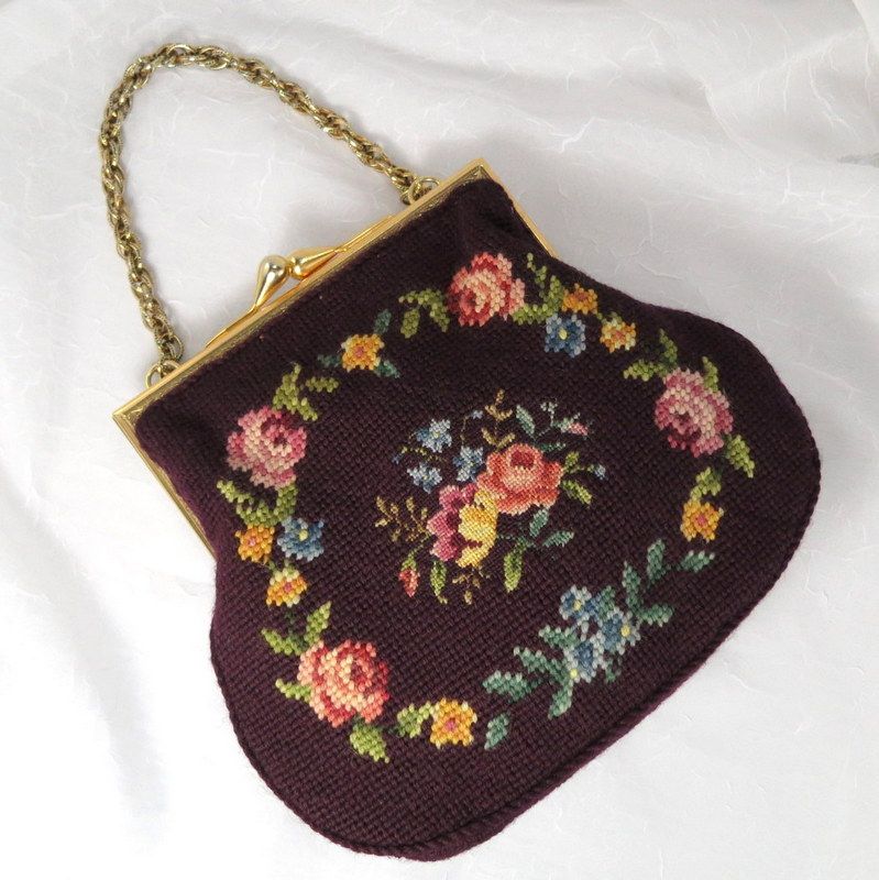 Vintage Floral Plum Maroon Petit Needlepoint Purse Vintage Floral Plum Maroon Petit Needlepoint Purse