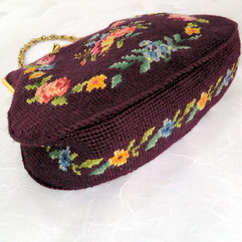 Vintage Floral Plum Maroon Petit Needlepoint Purse Vintage Floral Plum Maroon Petit Needlepoint Purse