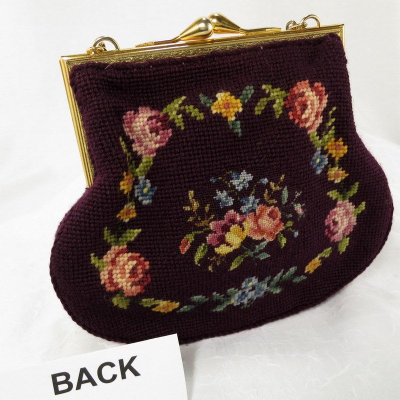 Vintage Floral Plum Maroon Petit Needlepoint Purse Vintage Floral Plum Maroon Petit Needlepoint Purse