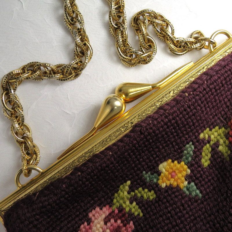 Vintage Floral Plum Maroon Petit Needlepoint Purse Vintage Floral Plum Maroon Petit Needlepoint Purse