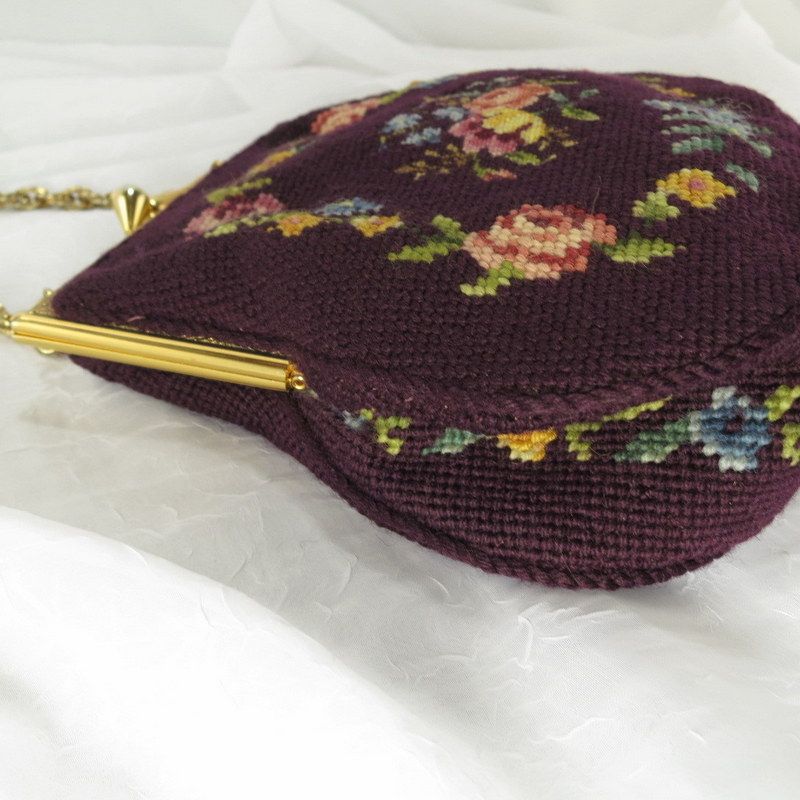 Vintage Floral Plum Maroon Petit Needlepoint Purse Vintage Floral Plum Maroon Petit Needlepoint Purse