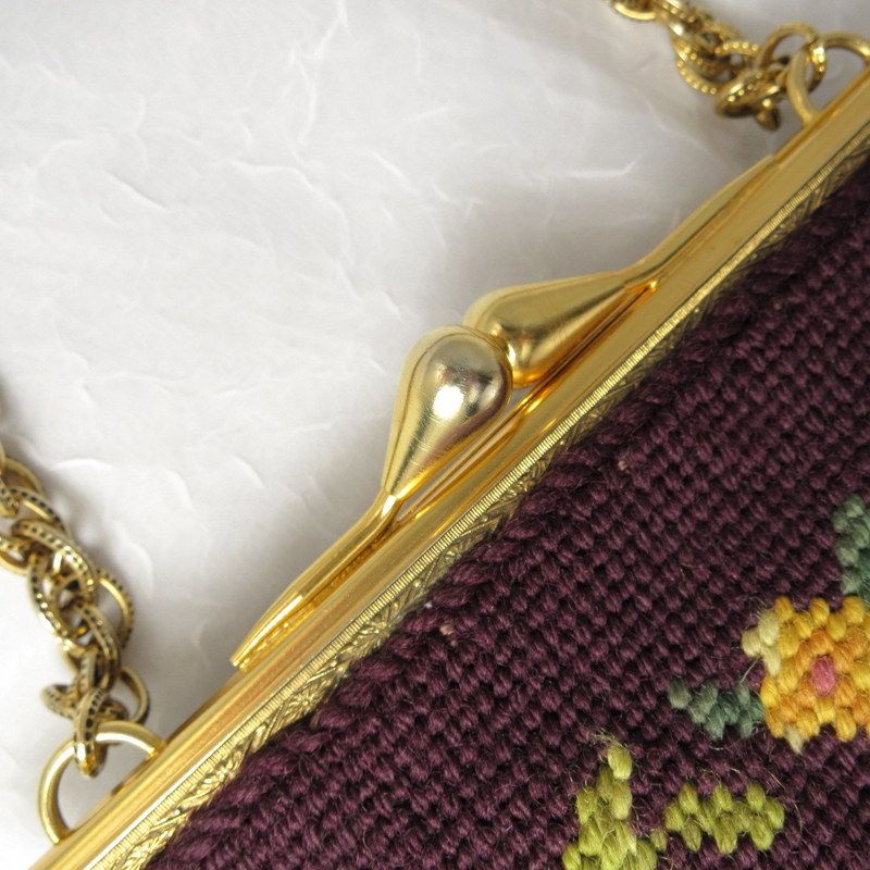 Vintage Floral Plum Maroon Petit Needlepoint Purse Vintage Floral Plum Maroon Petit Needlepoint Purse