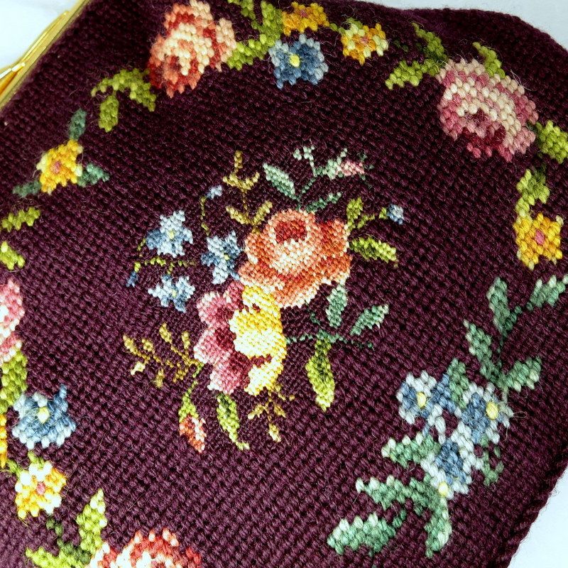 Vintage Floral Plum Maroon Petit Needlepoint Purse Vintage Floral Plum Maroon Petit Needlepoint Purse