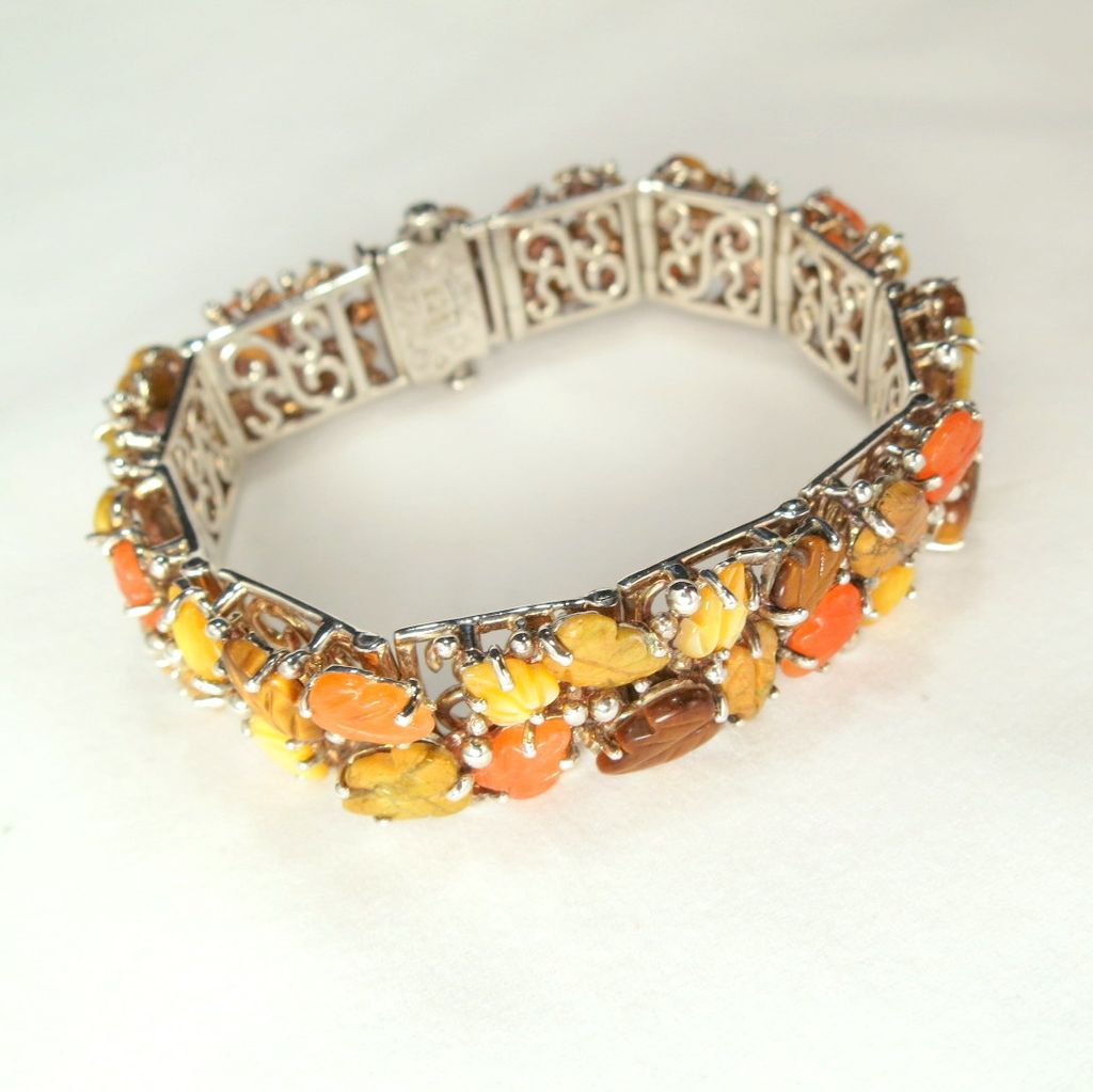 Vintage Sterling Carved Stone Fall Leaves Cluster Link Bracelet Vintage Sterling Carved Stone Fall Leaves Cluster Link Bracelet