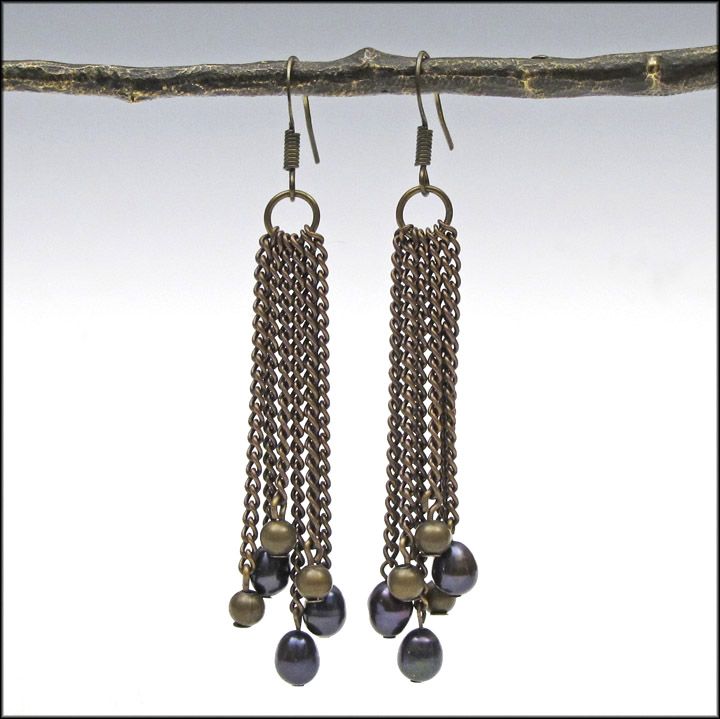 Blue Pearl and Brass Chain Fringe Earrings / Gifts for her Blue Pearl and Brass Chain Fringe Earrings / Gifts for her