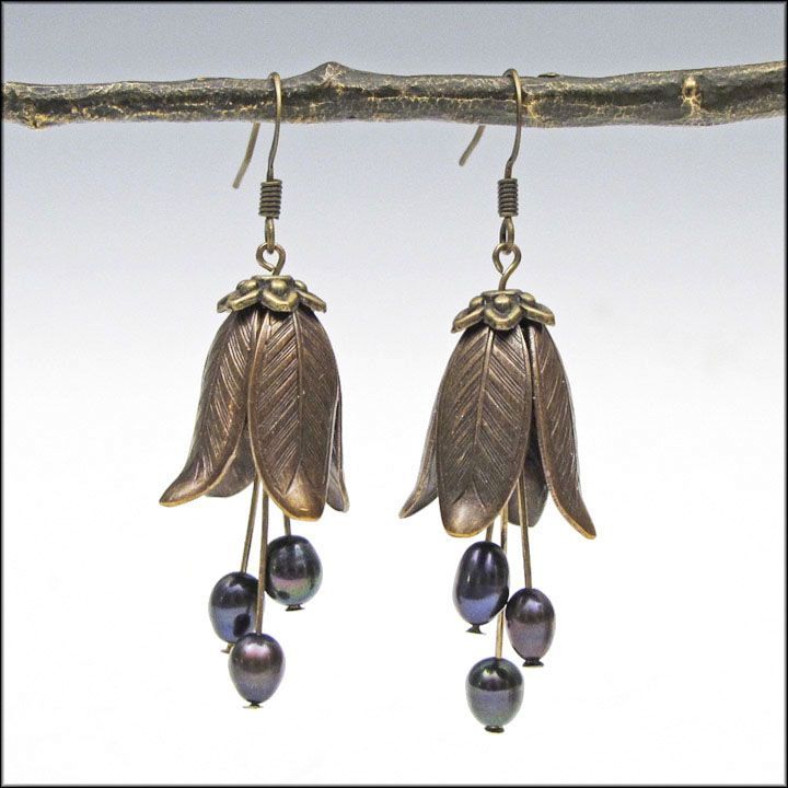 Bronze Flower with Blue Pearl Dangle Earrings / Gifts for her Bronze Flower with Blue Pearl Dangle Earrings / Gifts for her