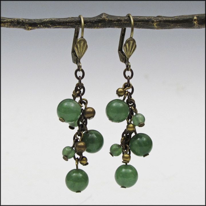Green Jade and Brass Cluster Earrings / Gifts for her Green Jade and Brass Cluster Earrings / Gifts for her