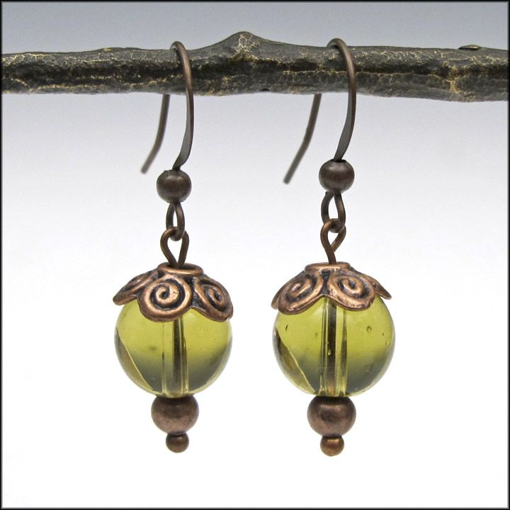 Green Glass and Copper Dangle Earrings / Gifts for Her Green Glass and Copper Dangle Earrings / Gifts for Her