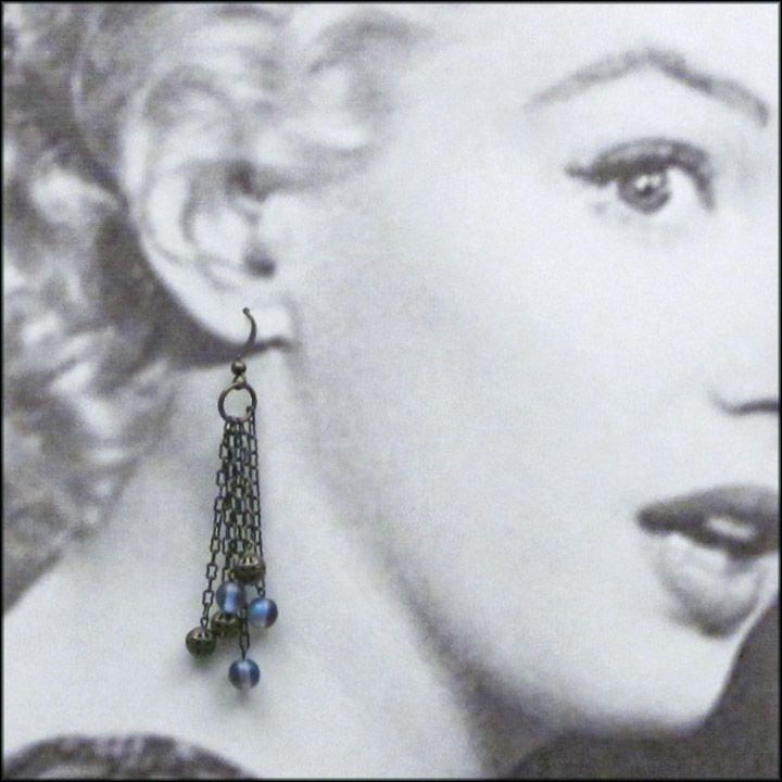 Iridescent Blue with Filigree Bronze Decorative Fringe Earrings / Gifts for Her Iridescent Blue with Filigree Bronze Decorative Fringe Earrings / Gifts for Her