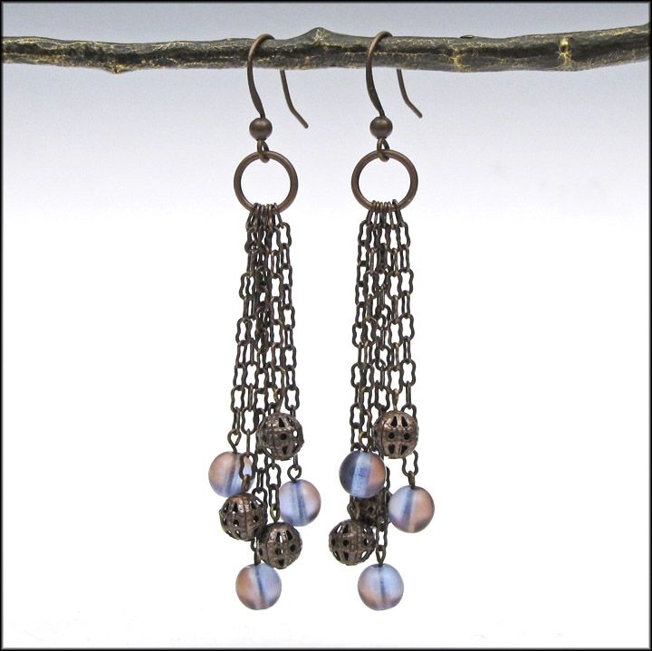 Iridescent Blue with Filigree Bronze Decorative Fringe Earrings / Gifts for Her Iridescent Blue with Filigree Bronze Decorative Fringe Earrings / Gifts for Her