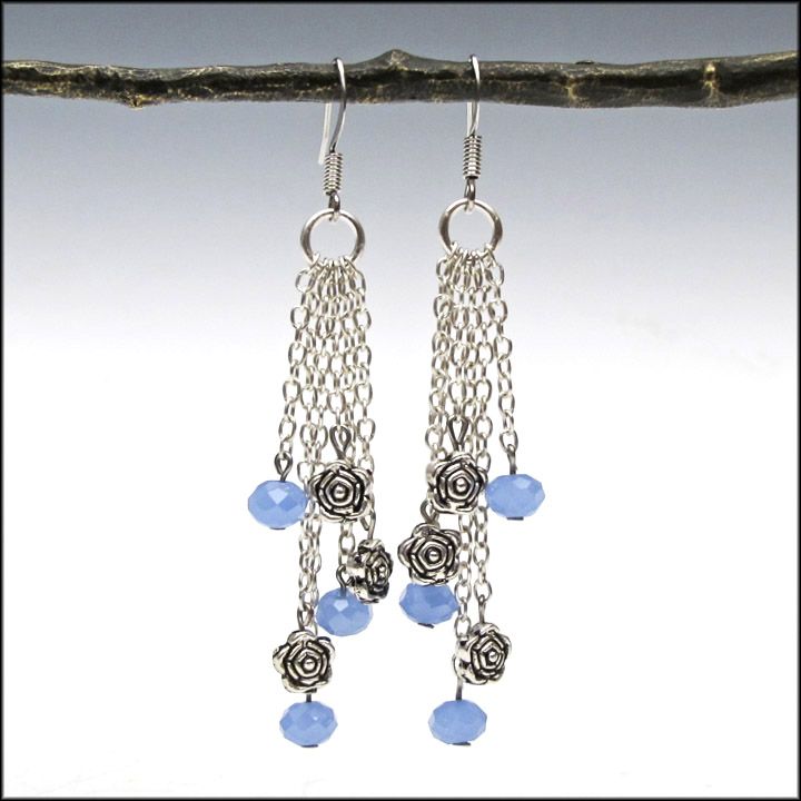 Blue and Silver Flower Fringe Earrings / Gifts for Her Blue and Silver Flower Fringe Earrings / Gifts for Her
