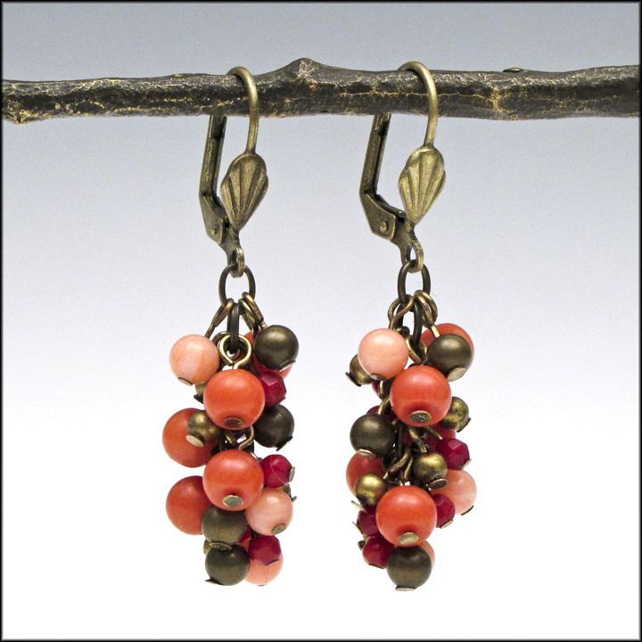 Pink Coral Brass Cluster Earrings / Gifts for Her Pink Coral Brass Cluster Earrings / Gifts for Her