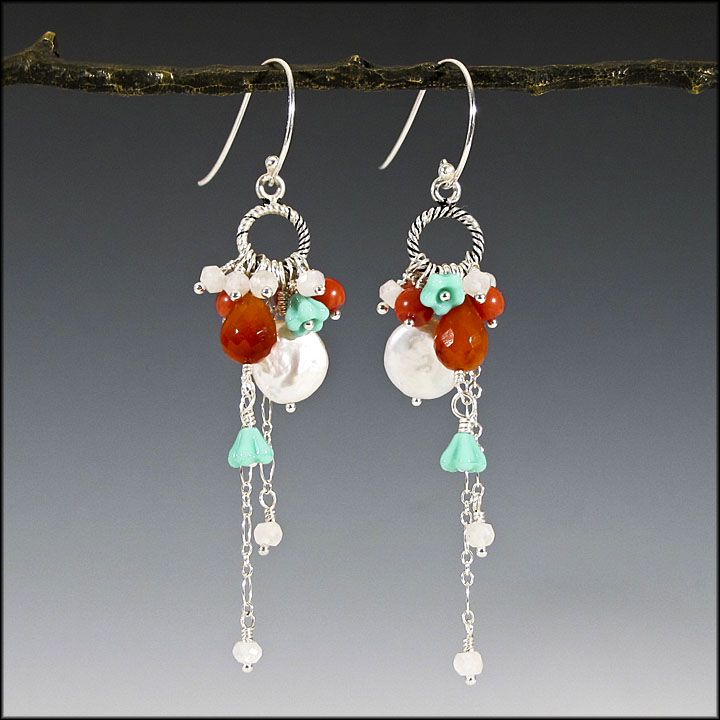 Carnelian , Coin Pearl , Coral , Moonstone , and Czech Glass Earrings - Sunfruit Carnelian , Coin Pearl , Coral , Moonstone , and Czech Glass Earrings - Sunfruit