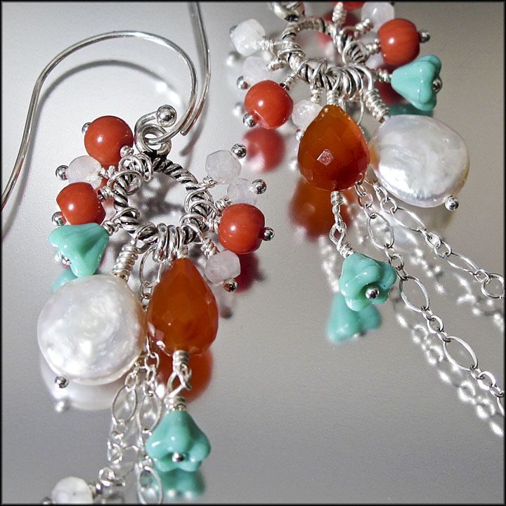 Carnelian , Coin Pearl , Coral , Moonstone , and Czech Glass Earrings - Sunfruit Carnelian , Coin Pearl , Coral , Moonstone , and Czech Glass Earrings - Sunfruit