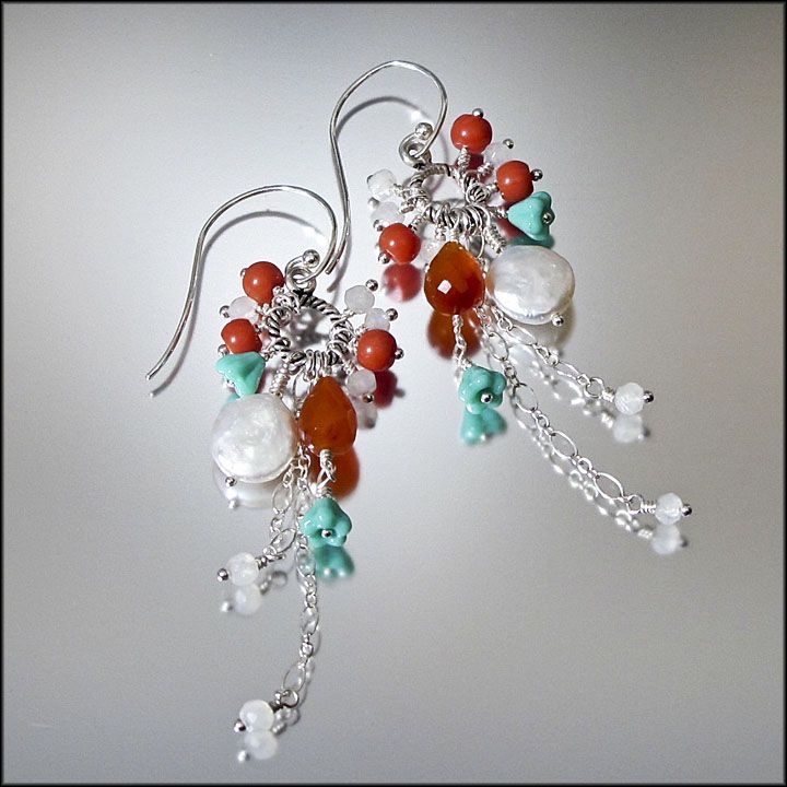 Carnelian , Coin Pearl , Coral , Moonstone , and Czech Glass Earrings - Sunfruit Carnelian , Coin Pearl , Coral , Moonstone , and Czech Glass Earrings - Sunfruit