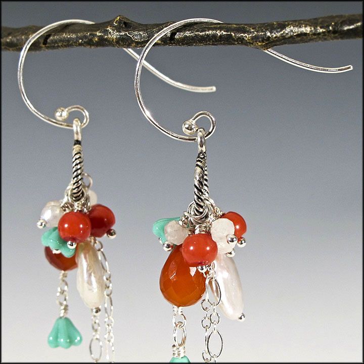 Carnelian , Coin Pearl , Coral , Moonstone , and Czech Glass Earrings - Sunfruit Carnelian , Coin Pearl , Coral , Moonstone , and Czech Glass Earrings - Sunfruit