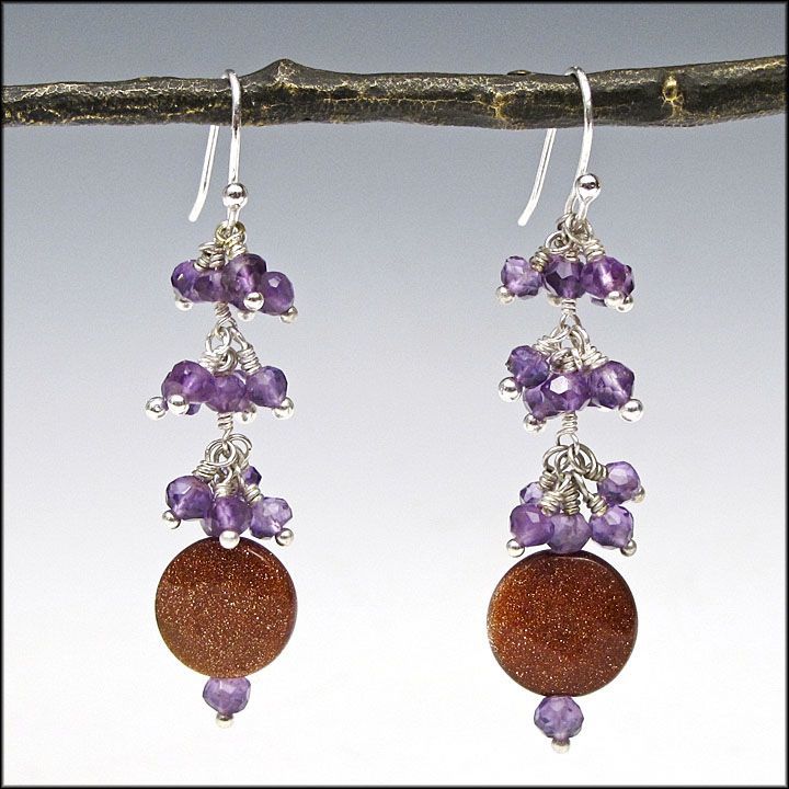 Goldstone and Amethyst Tier Earrings - Earl Grey Goldstone and Amethyst Tier Earrings - Earl Grey