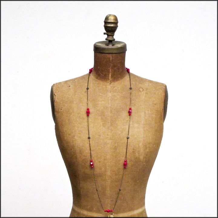 Red Glass and Brass Station Necklace - Queen of Hearts / Gifts for Her Red Glass and Brass Station Necklace - Queen of Hearts / Gifts for Her