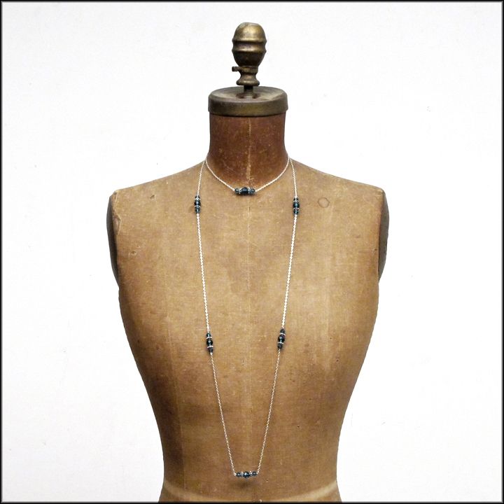 Blue Glass with Silver Flapper Station Necklace Blue Glass with Silver Flapper Station Necklace