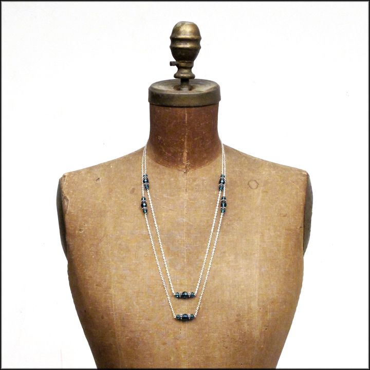 Blue Glass with Silver Flapper Station Necklace Blue Glass with Silver Flapper Station Necklace
