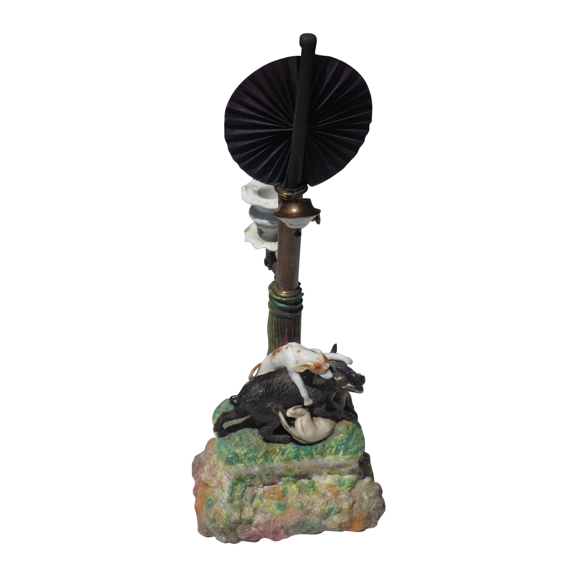 A Continental candle lighting device with two dogs attacking a wild boar A Continental candle lighting device with two dogs attacking a wild boar