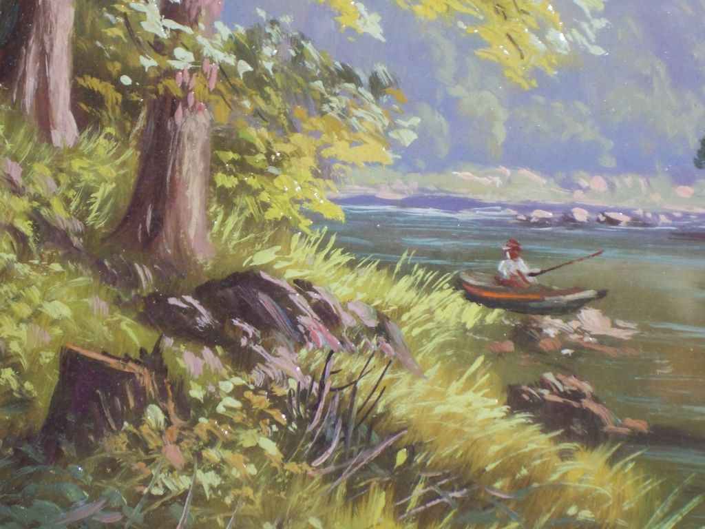 Oil on Masonite, "Stream with Canoe" Oil on Masonite, "Stream with Canoe"
