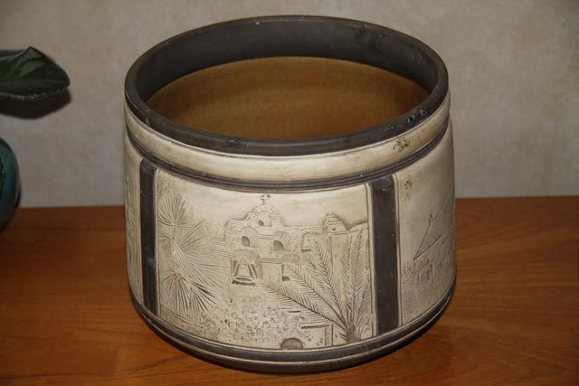 MASSIVE Weller Claywood Burntwood Jardiniere with Mexican style churches MASSIVE Weller Claywood Burntwood Jardiniere with Mexican style churches