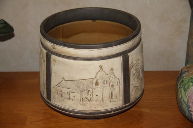 MASSIVE Weller Claywood Burntwood Jardiniere with Mexican style churches MASSIVE Weller Claywood Burntwood Jardiniere with Mexican style churches