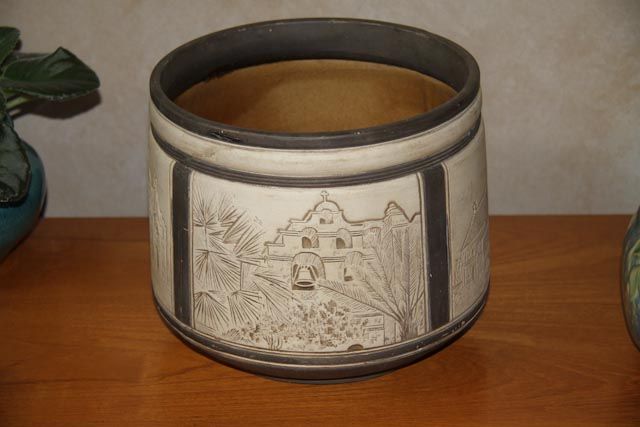 MASSIVE Weller Claywood Burntwood Jardiniere with Mexican style churches MASSIVE Weller Claywood Burntwood Jardiniere with Mexican style churches