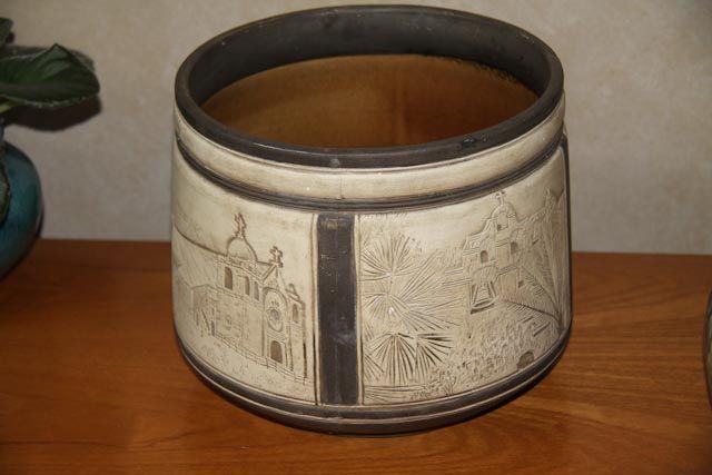 MASSIVE Weller Claywood Burntwood Jardiniere with Mexican style churches MASSIVE Weller Claywood Burntwood Jardiniere with Mexican style churches