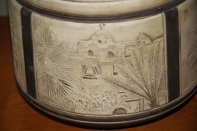 MASSIVE Weller Claywood Burntwood Jardiniere with Mexican style churches MASSIVE Weller Claywood Burntwood Jardiniere with Mexican style churches