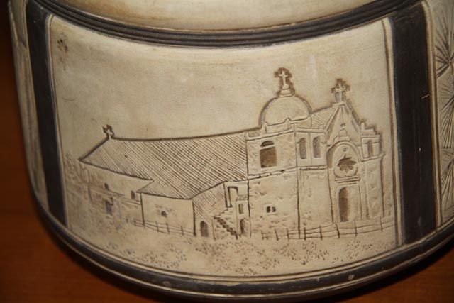 MASSIVE Weller Claywood Burntwood Jardiniere with Mexican style churches MASSIVE Weller Claywood Burntwood Jardiniere with Mexican style churches