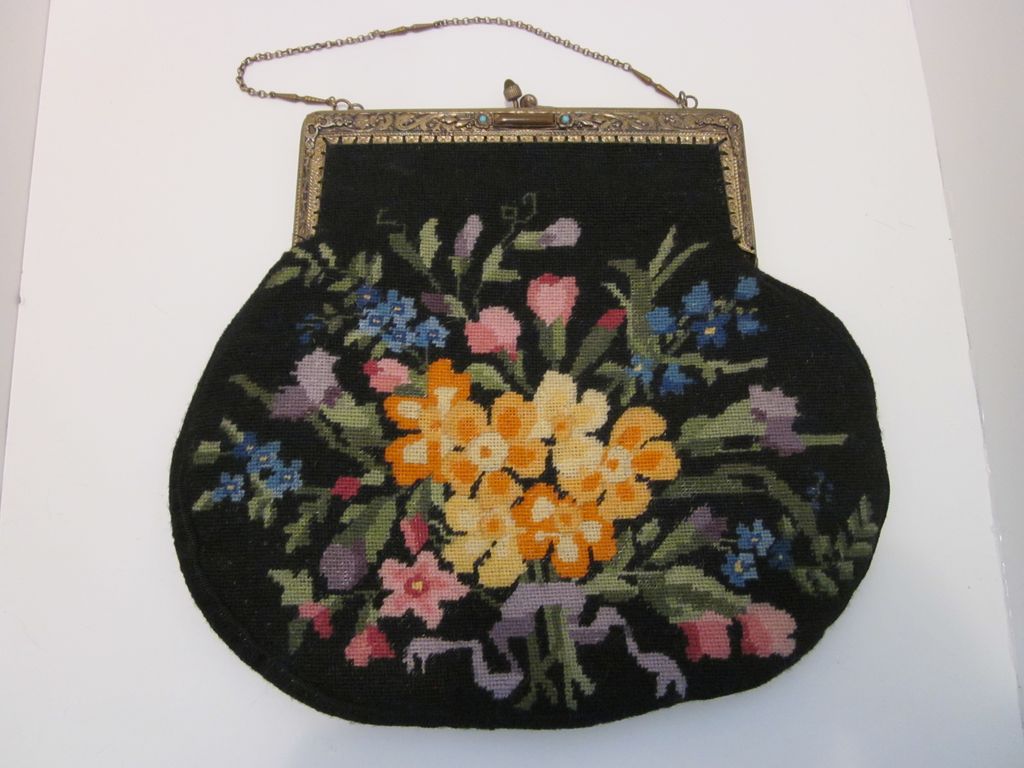 Beautiful Large Petit Point Purse With Flower Trimmed Lining Beautiful Large Petit Point Purse With Flower Trimmed Lining
