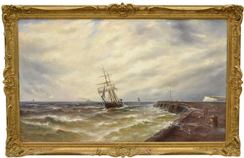 Antique Large British Sailing Ship Boat Seascape Ocean Oil on Canvas, Gustave de Breanski Antique Large British Sailing Ship Boat Seascape Ocean Oil on Canvas, Gustave de Breanski
