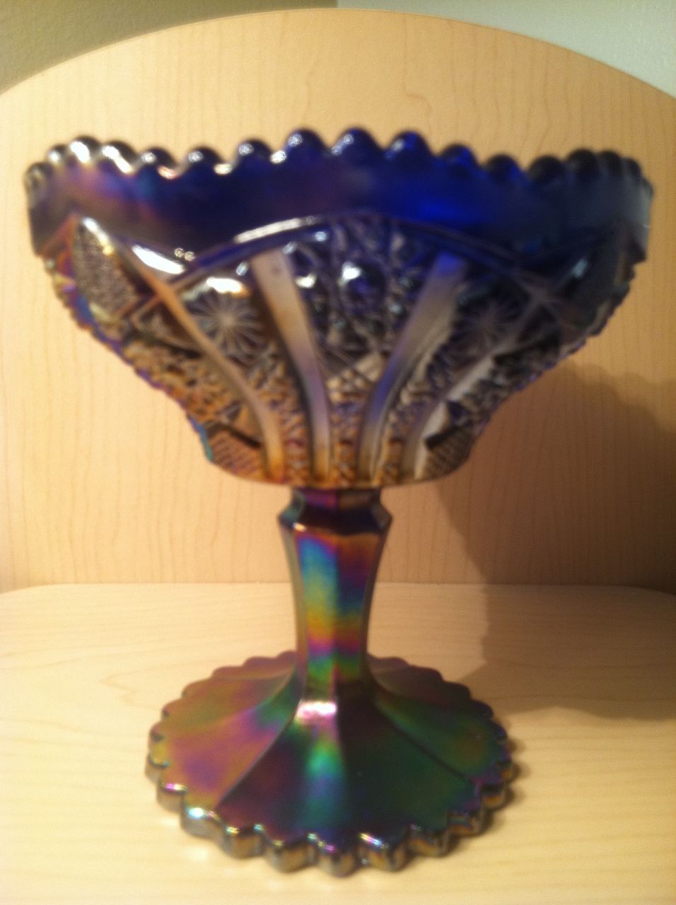 Imperial Aurora Jewels Octagon Carnival Glass Compote Imperial Aurora Jewels Octagon Carnival Glass Compote