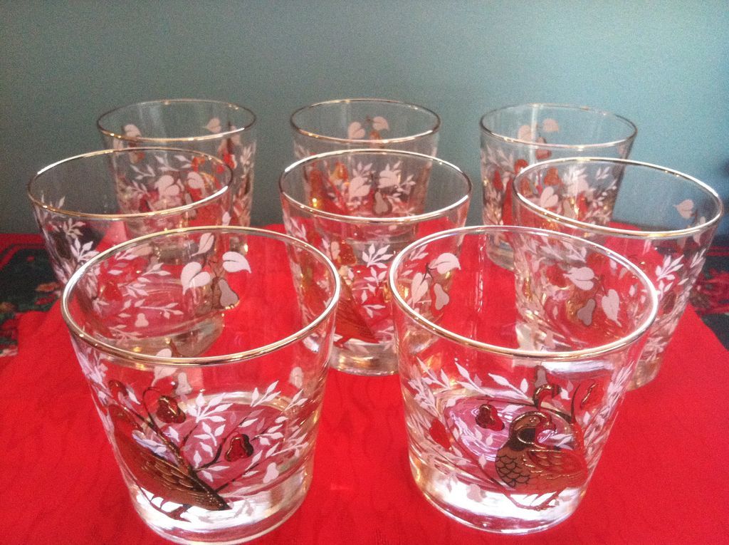 Set of 8 1950's Libbey Partridge In A Pear Tree Glasses 2 Set of 8 1950's Libbey Partridge In A Pear Tree Glasses 2
