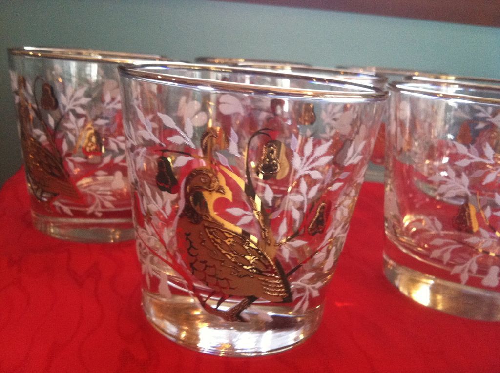 Set of 8 1950's Libbey Partridge In A Pear Tree Glasses 2 Set of 8 1950's Libbey Partridge In A Pear Tree Glasses 2
