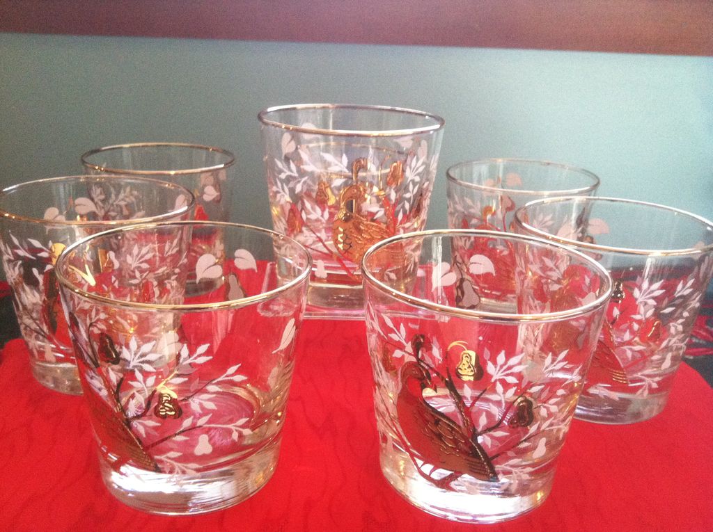 Set of 8 1950's Libbey Partridge In A Pear Tree Glasses 2 Set of 8 1950's Libbey Partridge In A Pear Tree Glasses 2