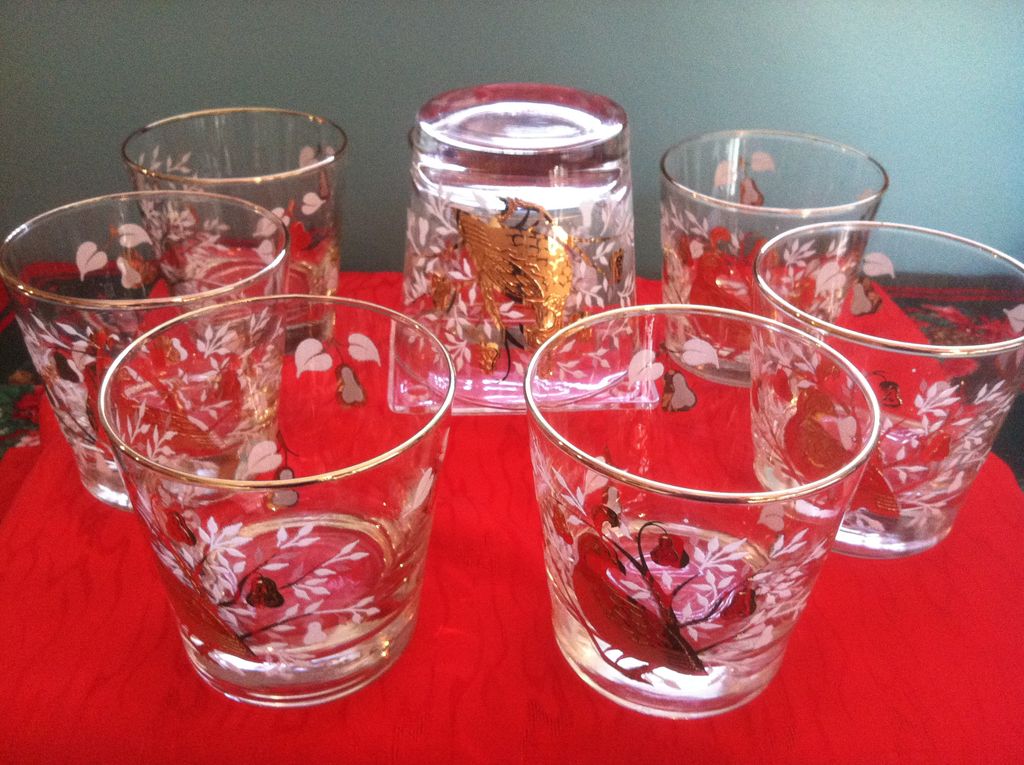Set of 8 1950's Libbey Partridge In A Pear Tree Glasses 2 Set of 8 1950's Libbey Partridge In A Pear Tree Glasses 2