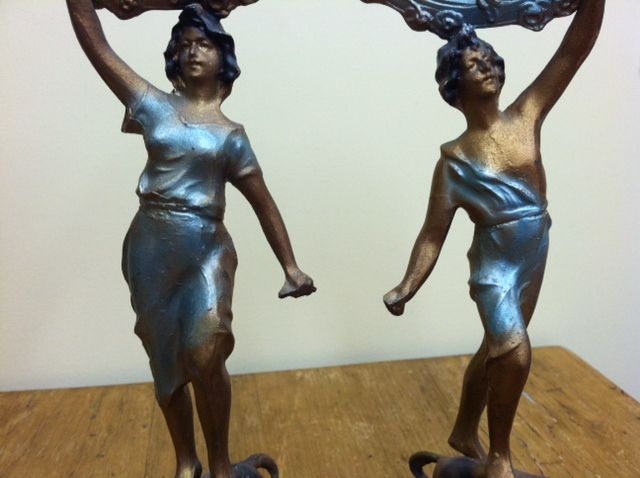 Pair of Antique Spelter Metal Figures holding Mirrors Pair of Antique Spelter Metal Figures holding Mirrors