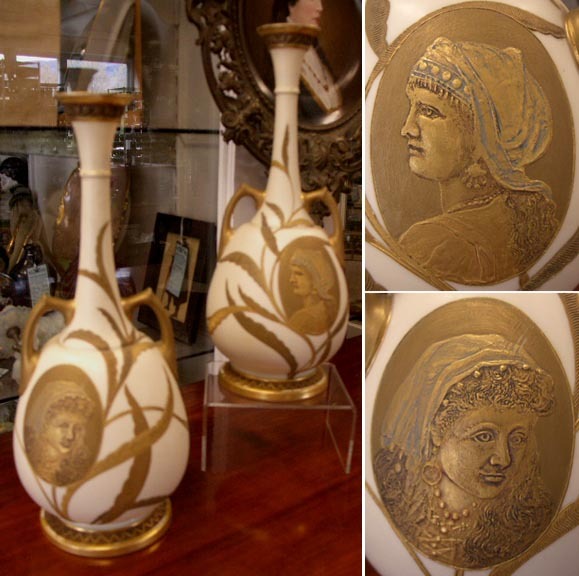 Important Early Royal Worcester Tall Handled Portrait Vases Important Early Royal Worcester Tall Handled Portrait Vases