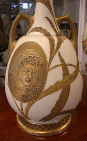Important Early Royal Worcester Tall Handled Portrait Vases Important Early Royal Worcester Tall Handled Portrait Vases